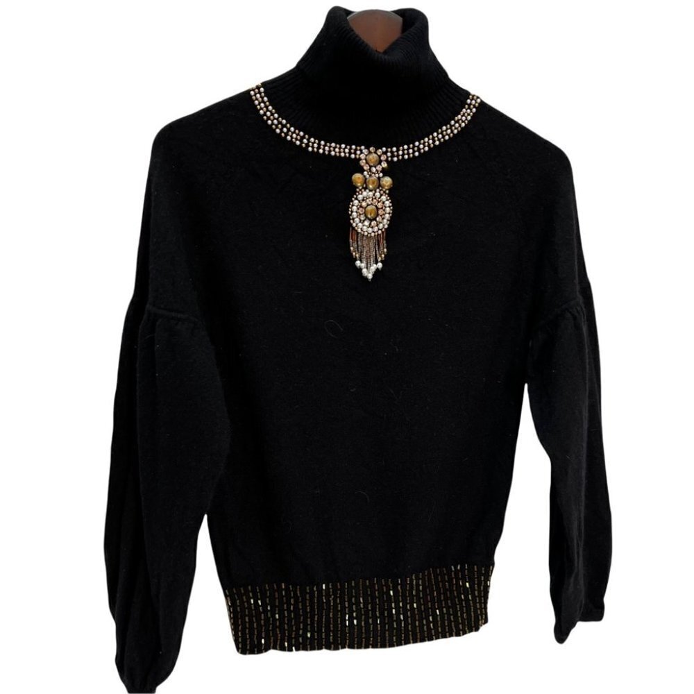 vintage SCRIBA Black Angora Blend Turtleneck Jewel Neckline Bishop Sleev… - Picture 3 of 11